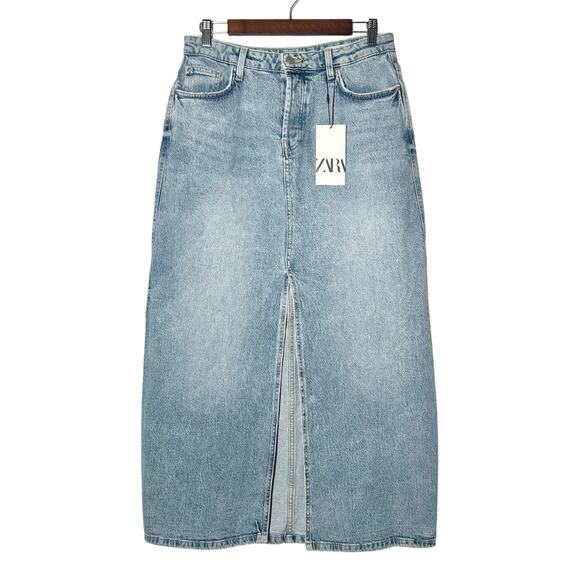 Zara | Women | Y2K Light Wash Distressed Button Fly Denim Maxi Skirt | Medium - Picture 2 of 12